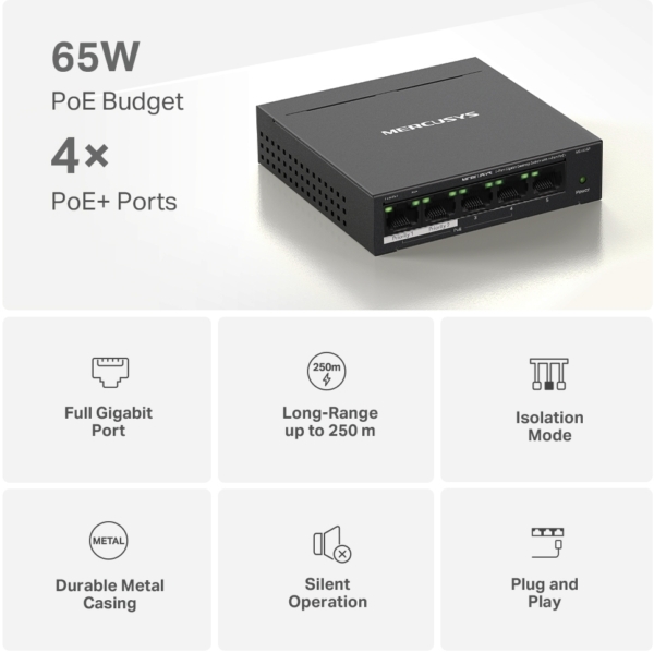 MERCUSYS MS105GP - 5-Port 10/100/1000Mbps Desktop Switch with 4-Port PoE Switch 65W