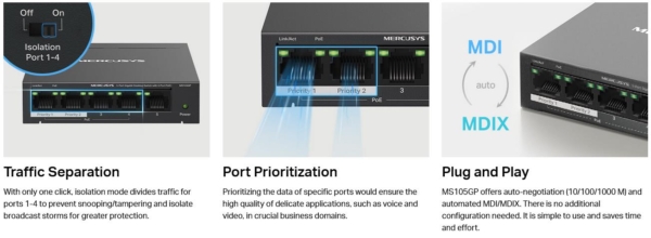 MS105GP - 5-Port 10/100/1000Mbps Desktop Switch with 4-Port PoE Switch 65W